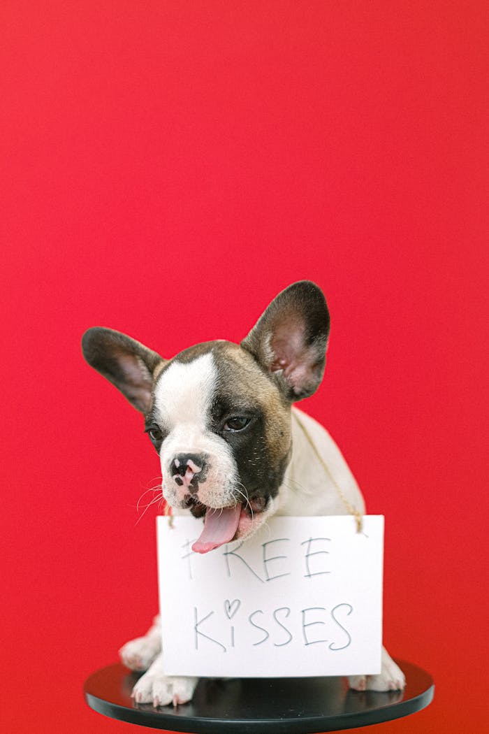 Cute French Bulldog puppy with a 'Free Kisses' sign against a vibrant red background.